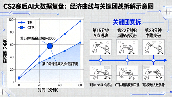 CS2 赛后 AI 大数据复盘：经济曲线与关键团战拆解示意图