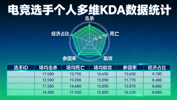 电竞选手个人多维 KDA 数据统计与雷达图展示